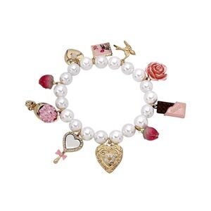 Betsey Johnson White Pearl Bracelet with Pink Rose & Gold Heart Charms